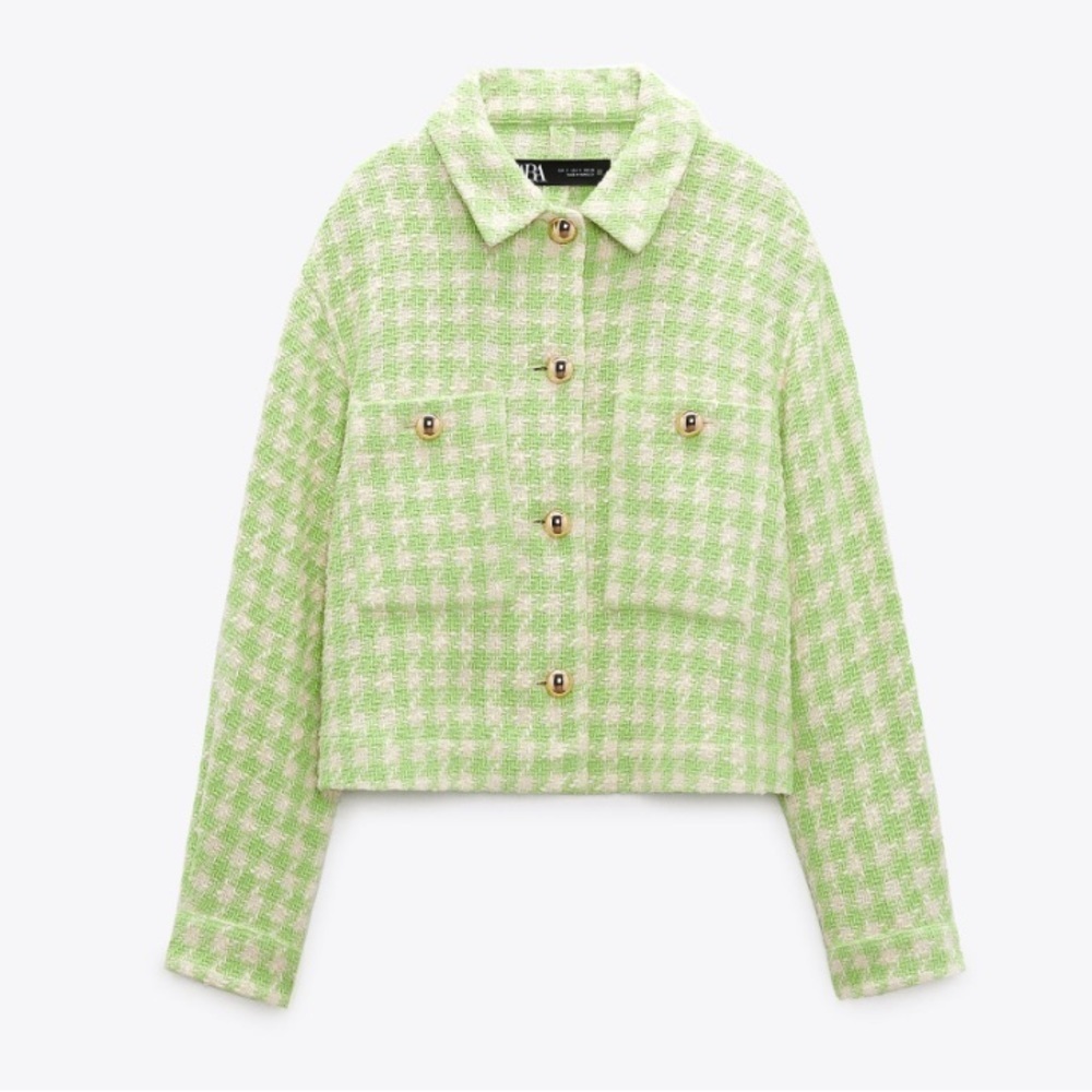 Zara crop gold button green and white jacket